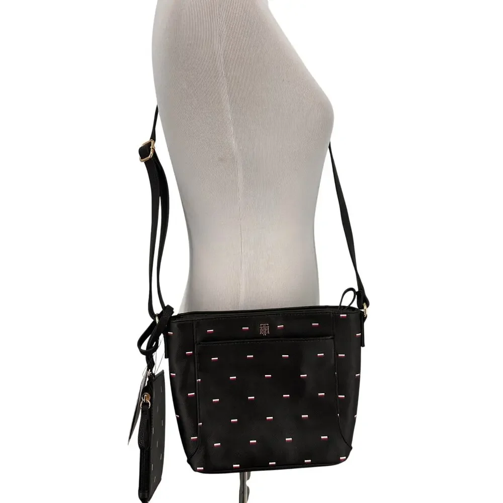 Tommy Hilfiger Women's BLACK Faux Leather Logo Crossbody Purse with Pouch NWT